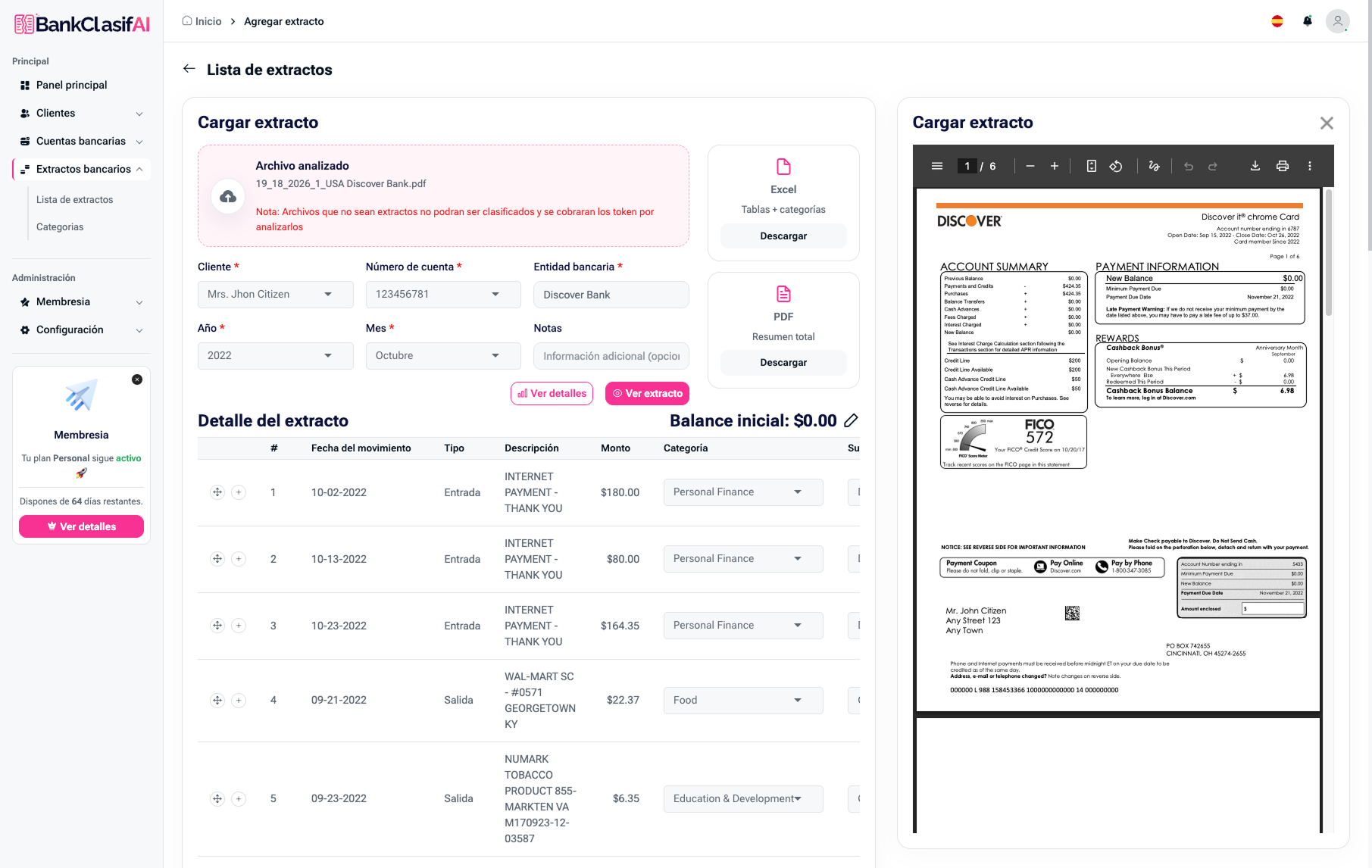 Panel de BankClasifAI mostrando carga de PDF y clasificación